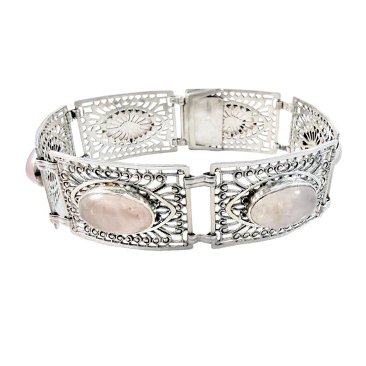 Germany c 1950s. Solid Silver Filigree Rose Quartz Bracelet.