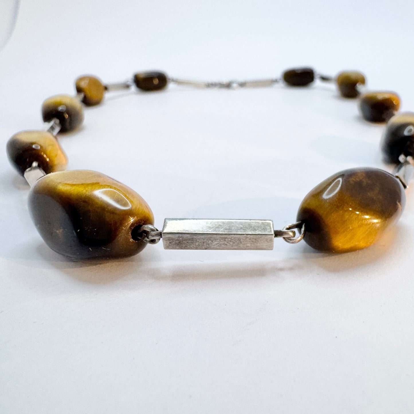 Vintage 1960-70s Solid Silver Tiger's Eye Necklace.