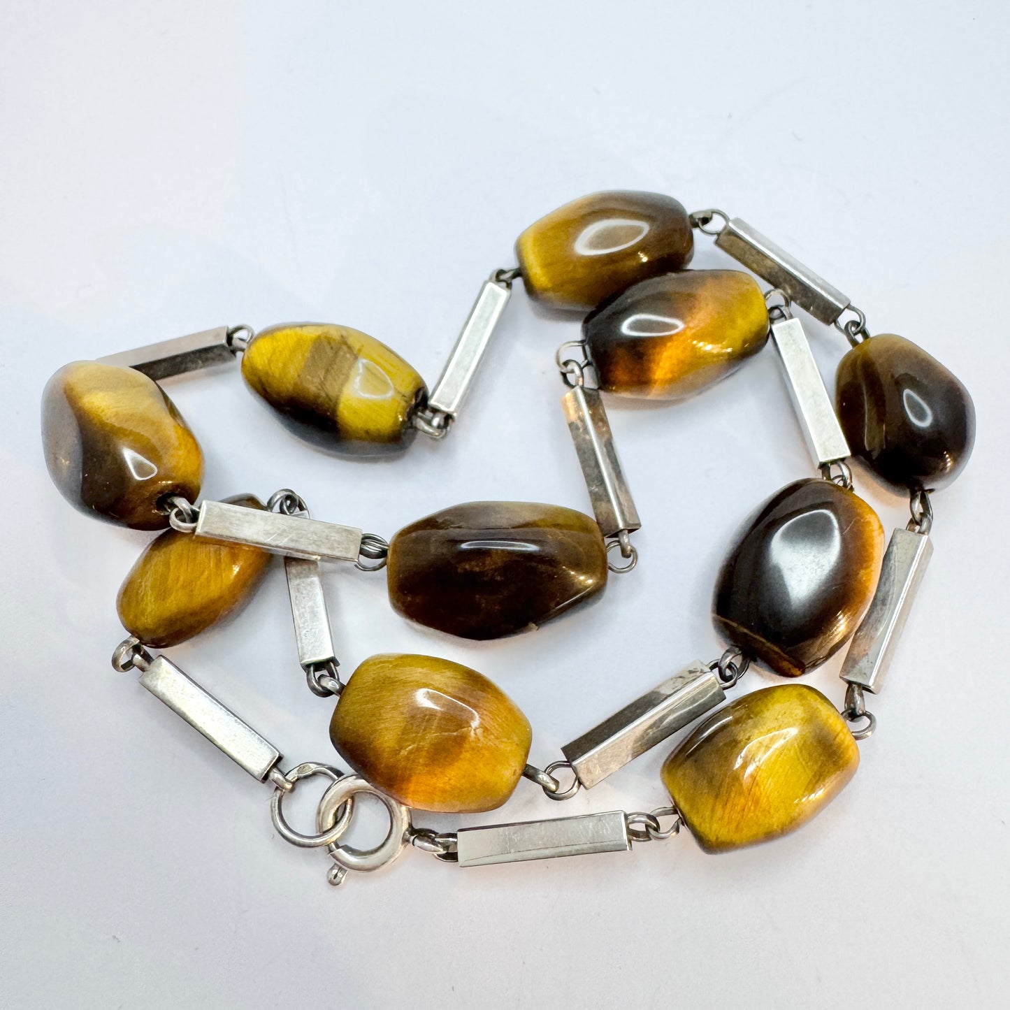 Vintage 1960-70s Solid Silver Tiger's Eye Necklace.