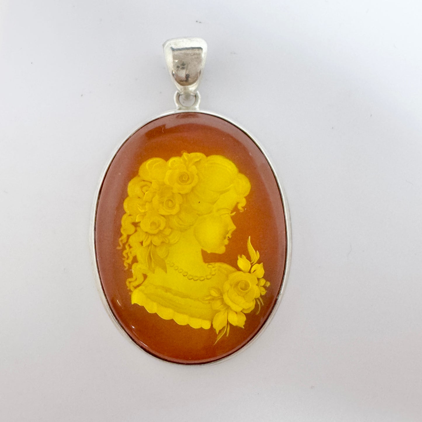 Gdansk Poland. Vintage Sterling Silver Carved Amber Intaglio Pendant.