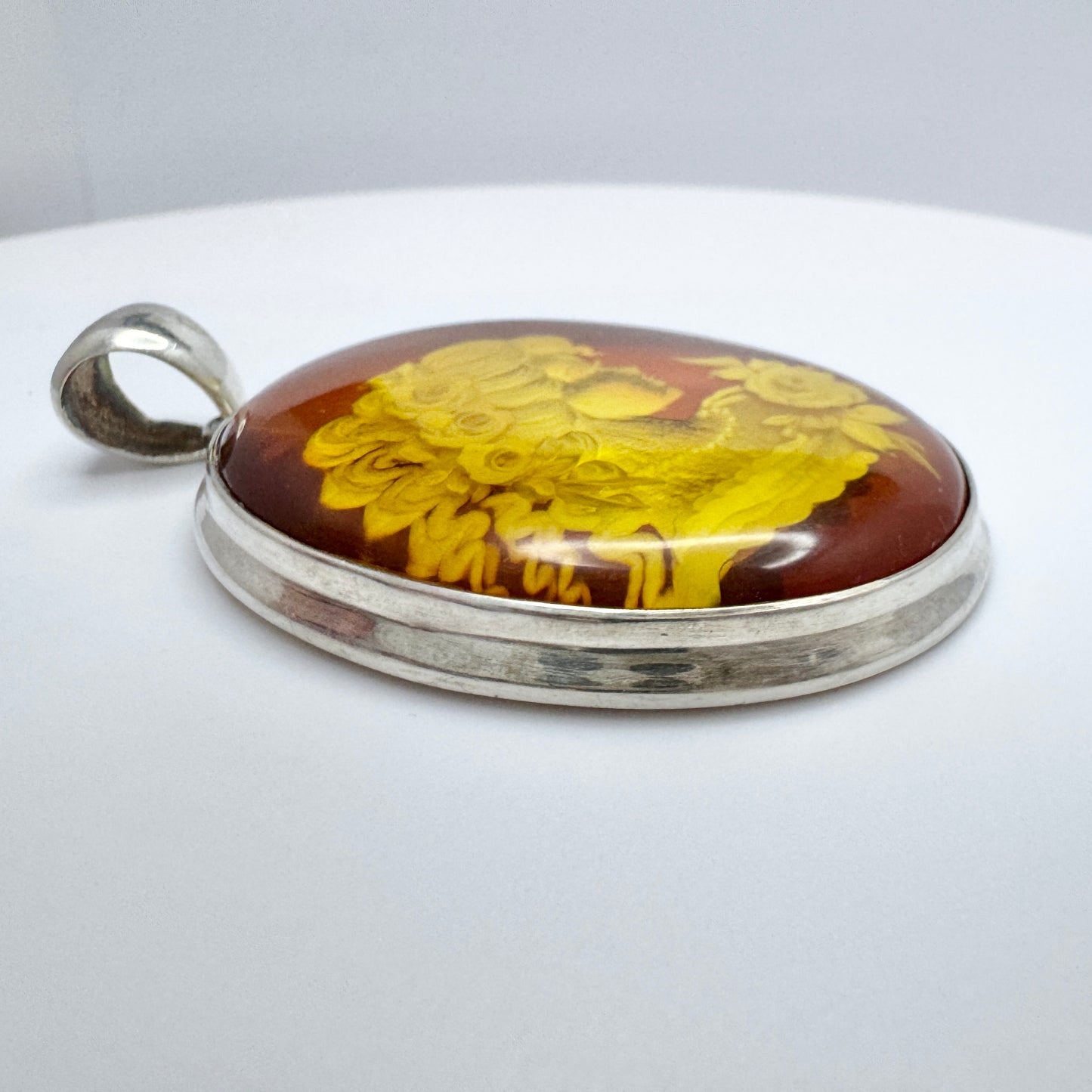 Gdansk Poland. Vintage Sterling Silver Carved Amber Intaglio Pendant.