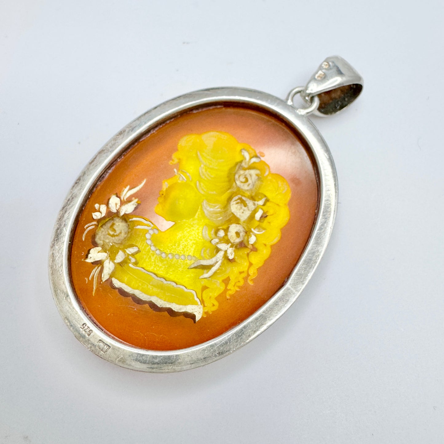 Gdansk Poland. Vintage Sterling Silver Carved Amber Intaglio Pendant.