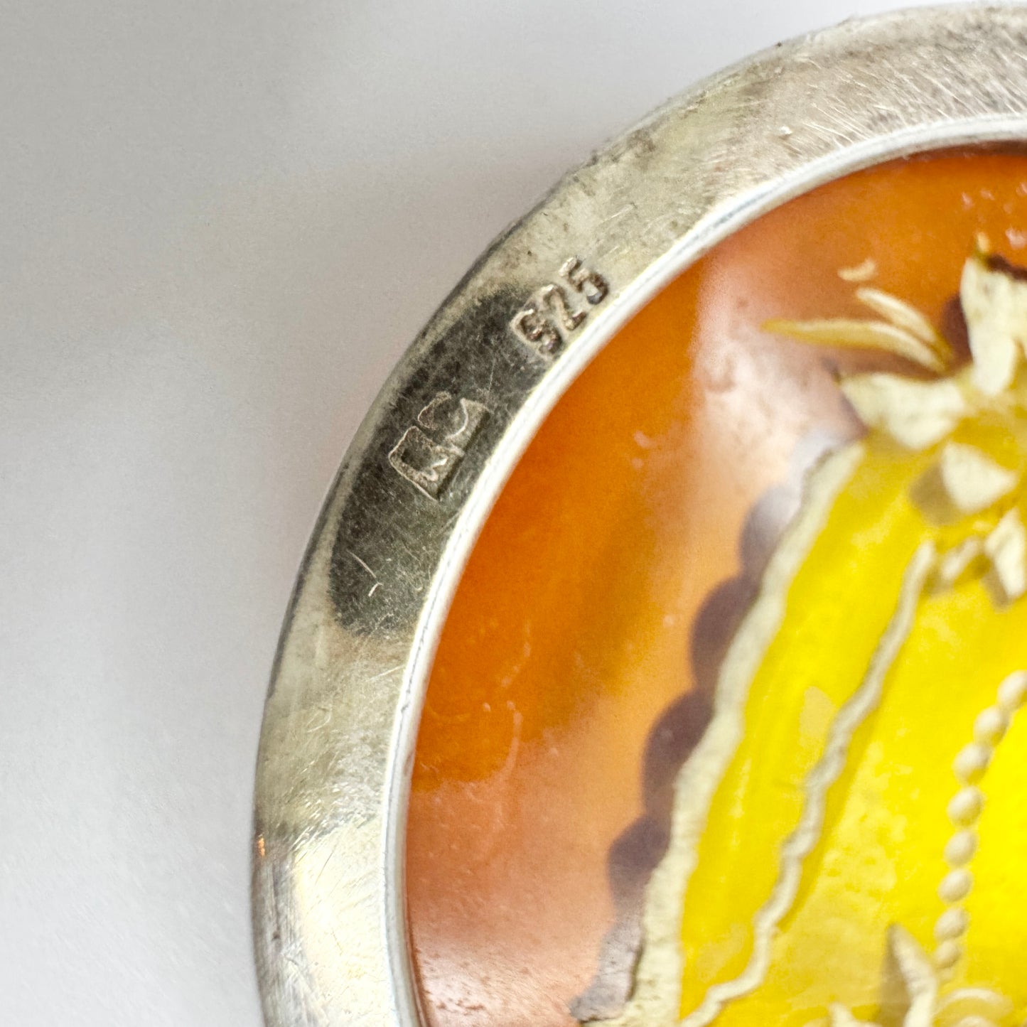 Gdansk Poland. Vintage Sterling Silver Carved Amber Intaglio Pendant.