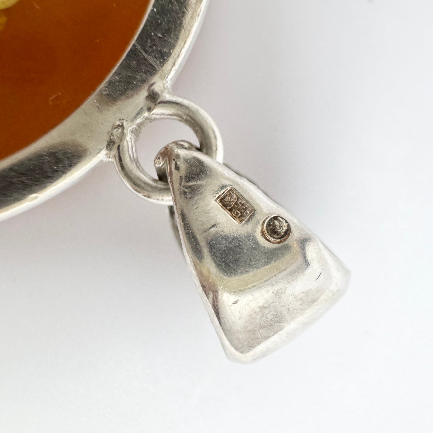 Gdansk Poland. Vintage Sterling Silver Carved Amber Intaglio Pendant.