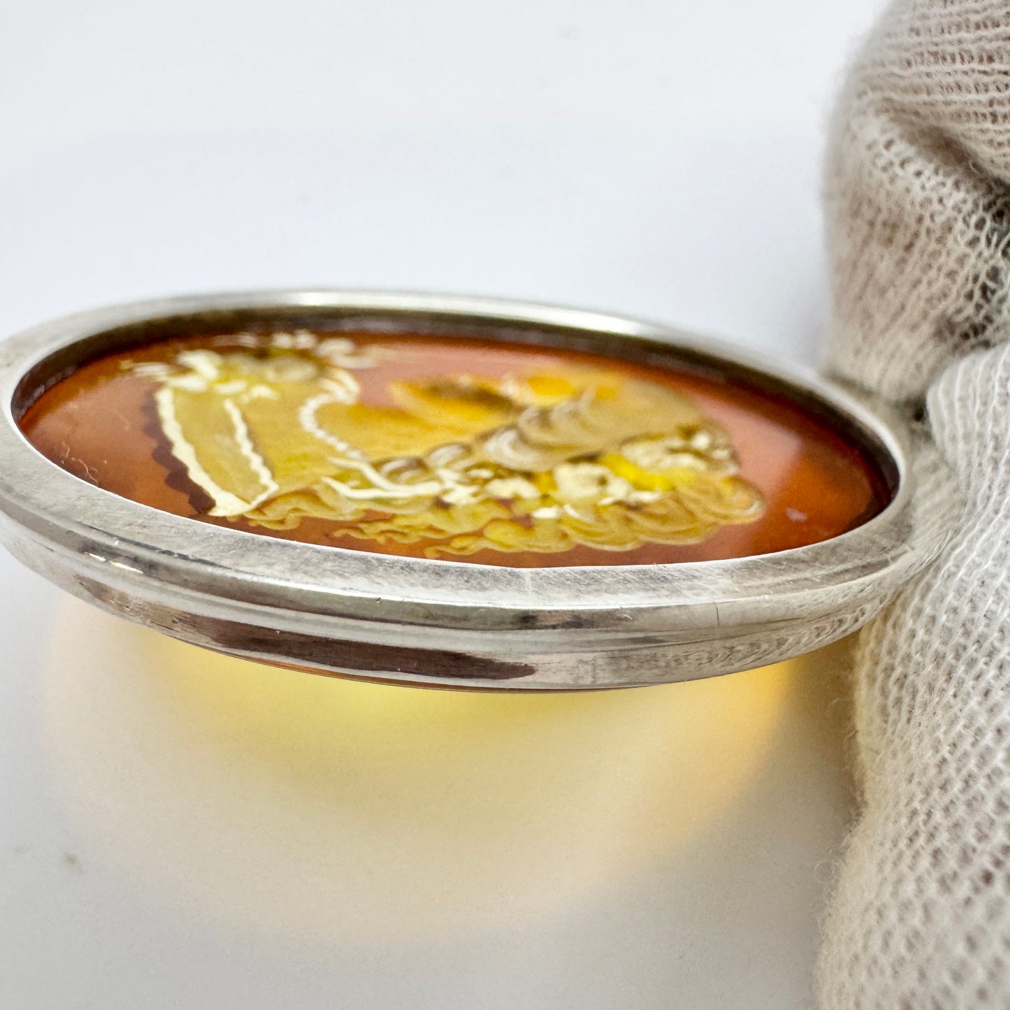 Gdansk Poland. Vintage Sterling Silver Carved Amber Intaglio Pendant.