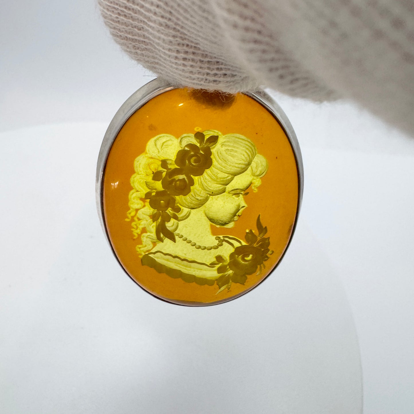 Gdansk Poland. Vintage Sterling Silver Carved Amber Intaglio Pendant.