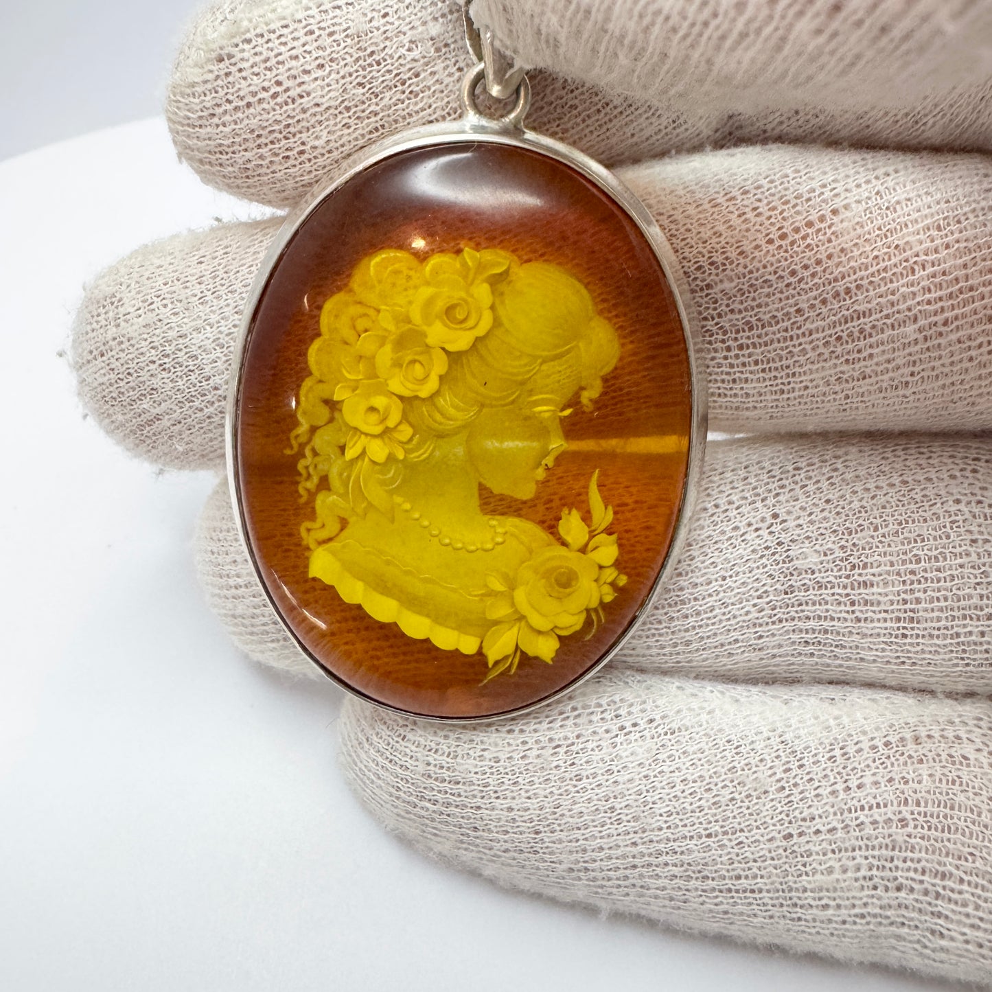 Gdansk Poland. Vintage Sterling Silver Carved Amber Intaglio Pendant.