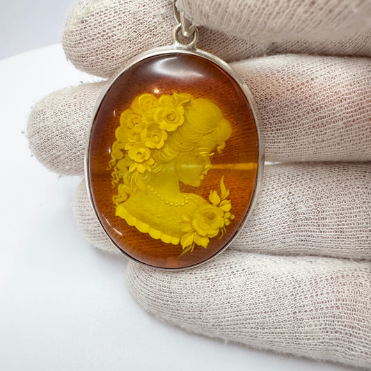 Gdansk Poland. Vintage Sterling Silver Carved Amber Intaglio Pendant.