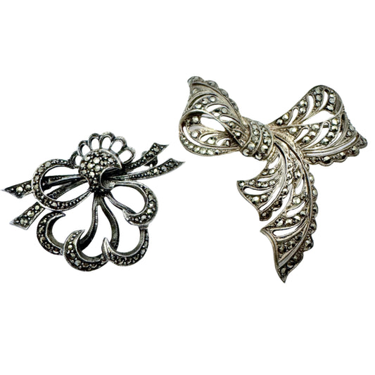 Two Vintage 1940s Solid Silver Marcasite Brooches.