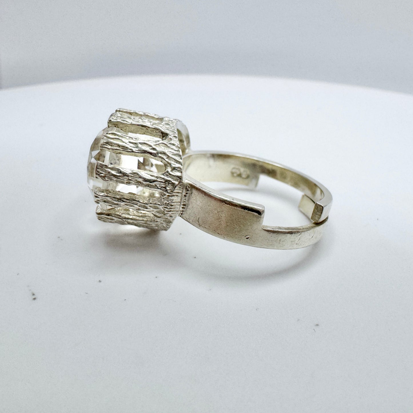 NSE Guldvaru, Sweden 1970s. Vintage Sterling Silver Rock Crystal Adjustable Size Ring.