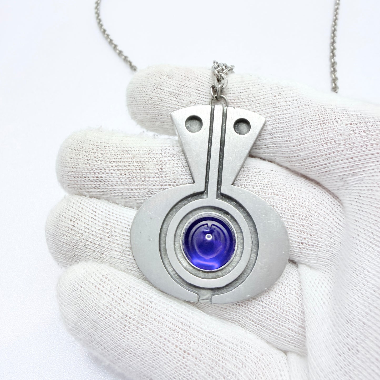 TYR, Sweden ca 1970. Vintage Modernist Pewter Glass Pendant Necklace