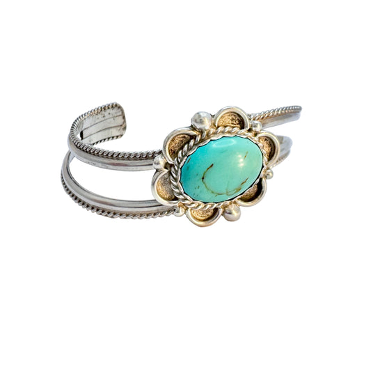 Signed Dooline. Vintge Native American Sterling Silver Turquoise Cuff Bracelet.