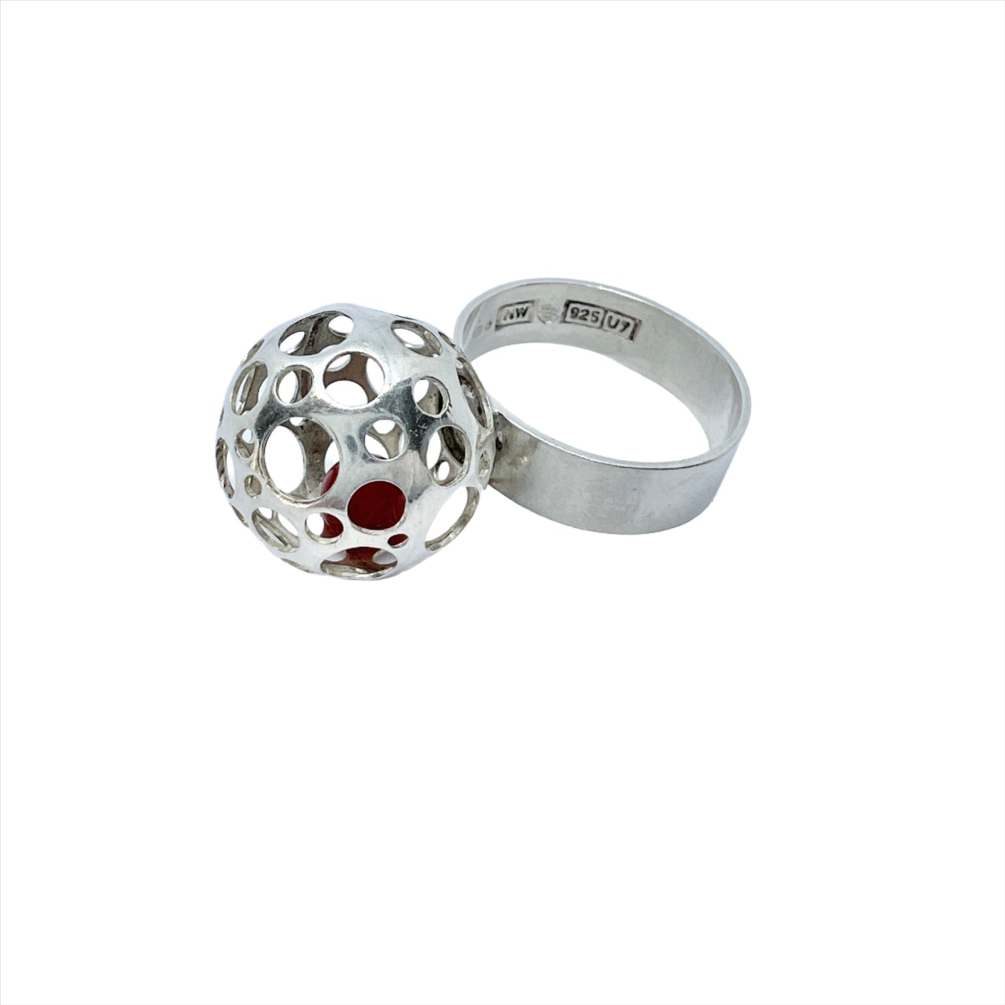 Liisa Vitali for N Westerback, Finland 1973 Vintage Sterling Silver Trapped Carnelian Sphere Ring