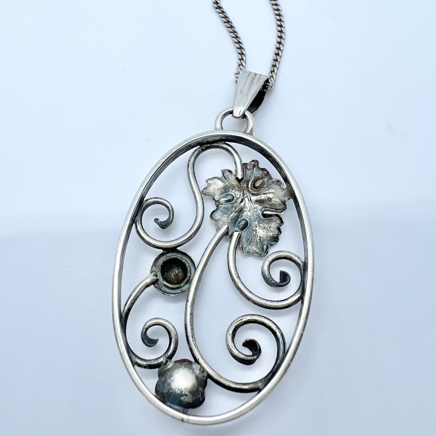 Denmark 1940-50s. Vintage Solid Silver Pendant + Chain.