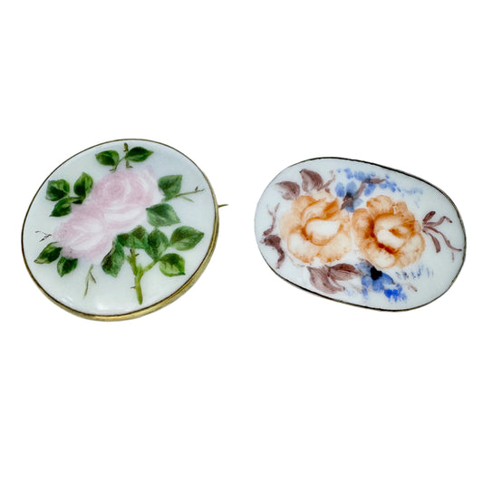 Two Antique ca 1920 Solid Silver Painted Porcelain Floral Brooches.