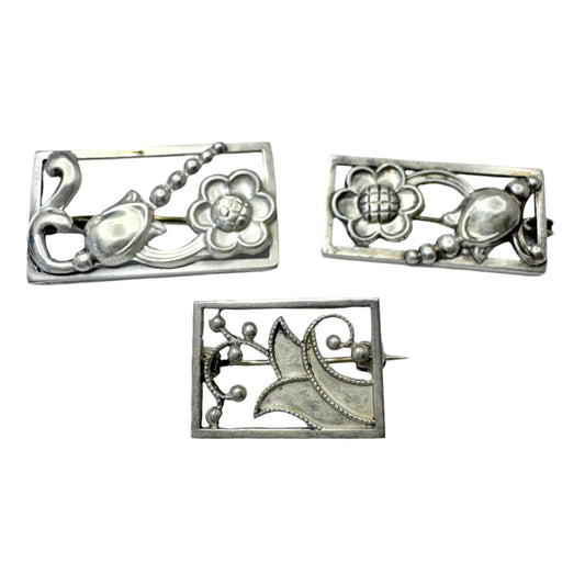Three Vintage Danish 1930-40s Solid Silver Floral Brooches.