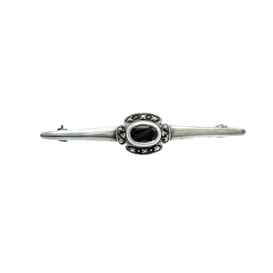 USA 1930-40s. Vintage Sterling Silver Marcasite Onyx Brooch Pin.