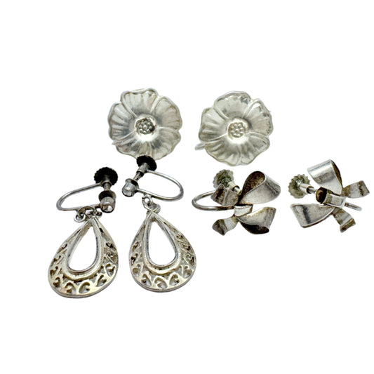 Sweden 1940s. Three Pair of Vintage Solid Silver Screw-Back Earrings.