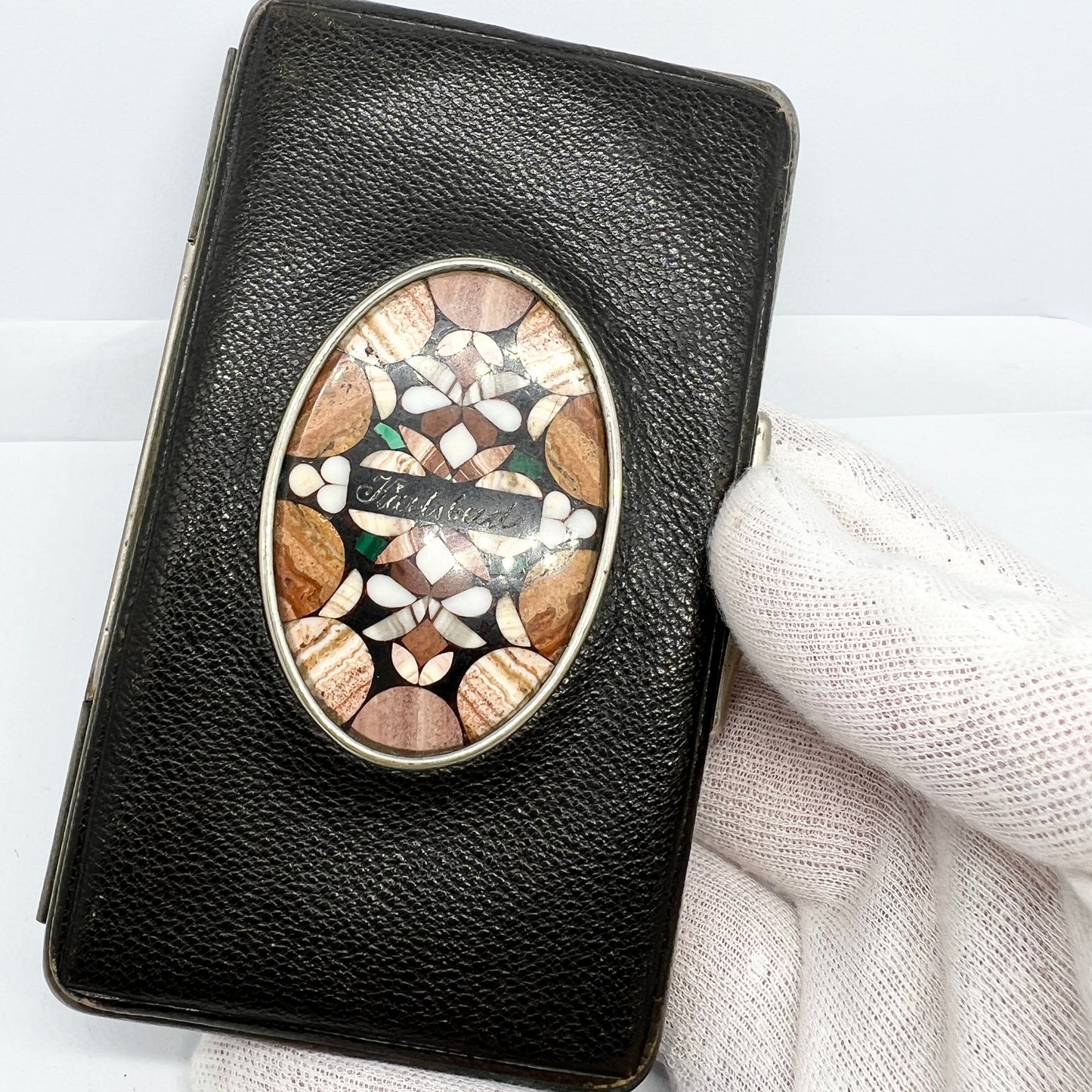 Karlovy Vary / Karlsbad, Czech Republic. Antique c 1910s Souvenir Pietre Dura Mosaic Leather Card Case.