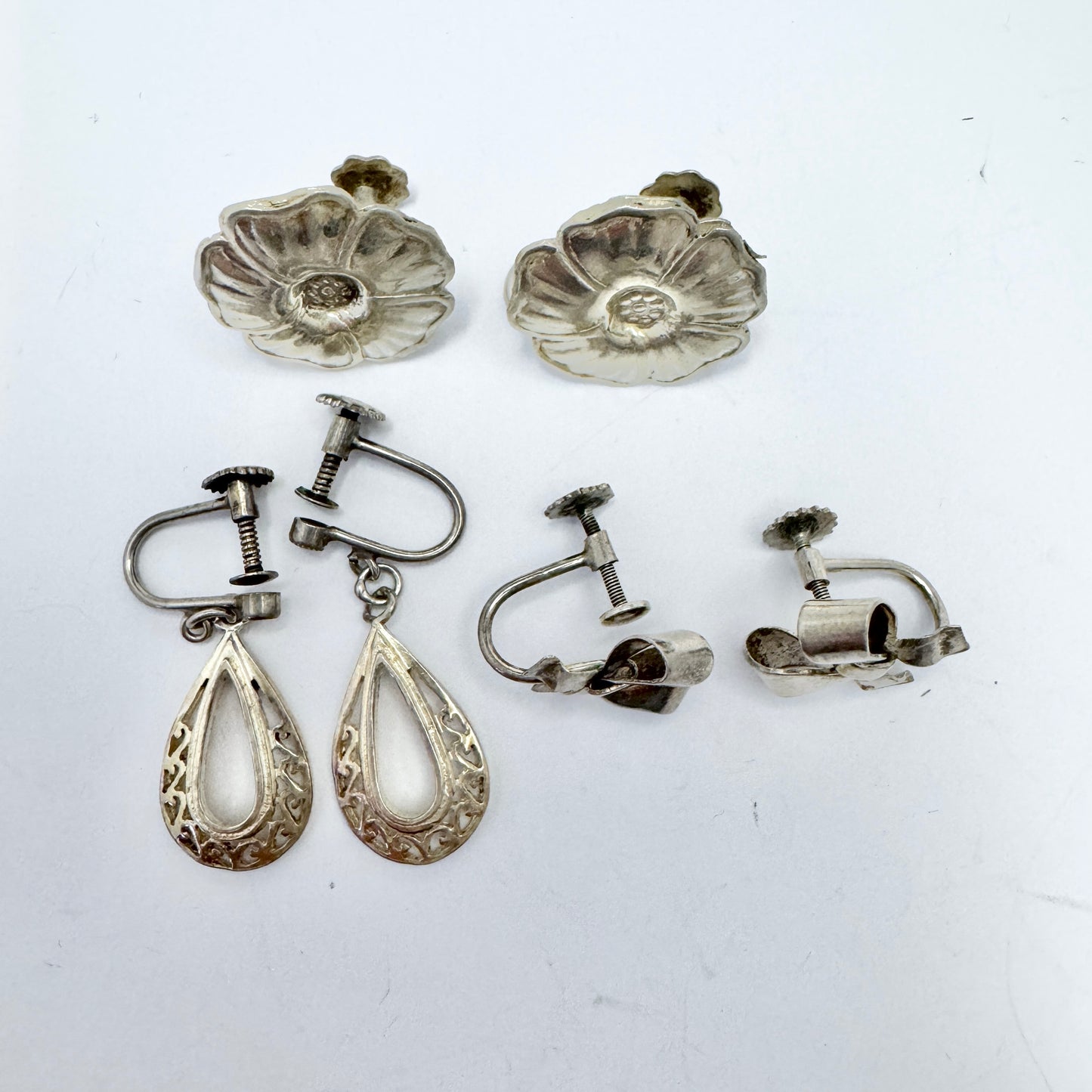 Sweden 1940s. Three Pair of Vintage Solid Silver Screw-Back Earrings.