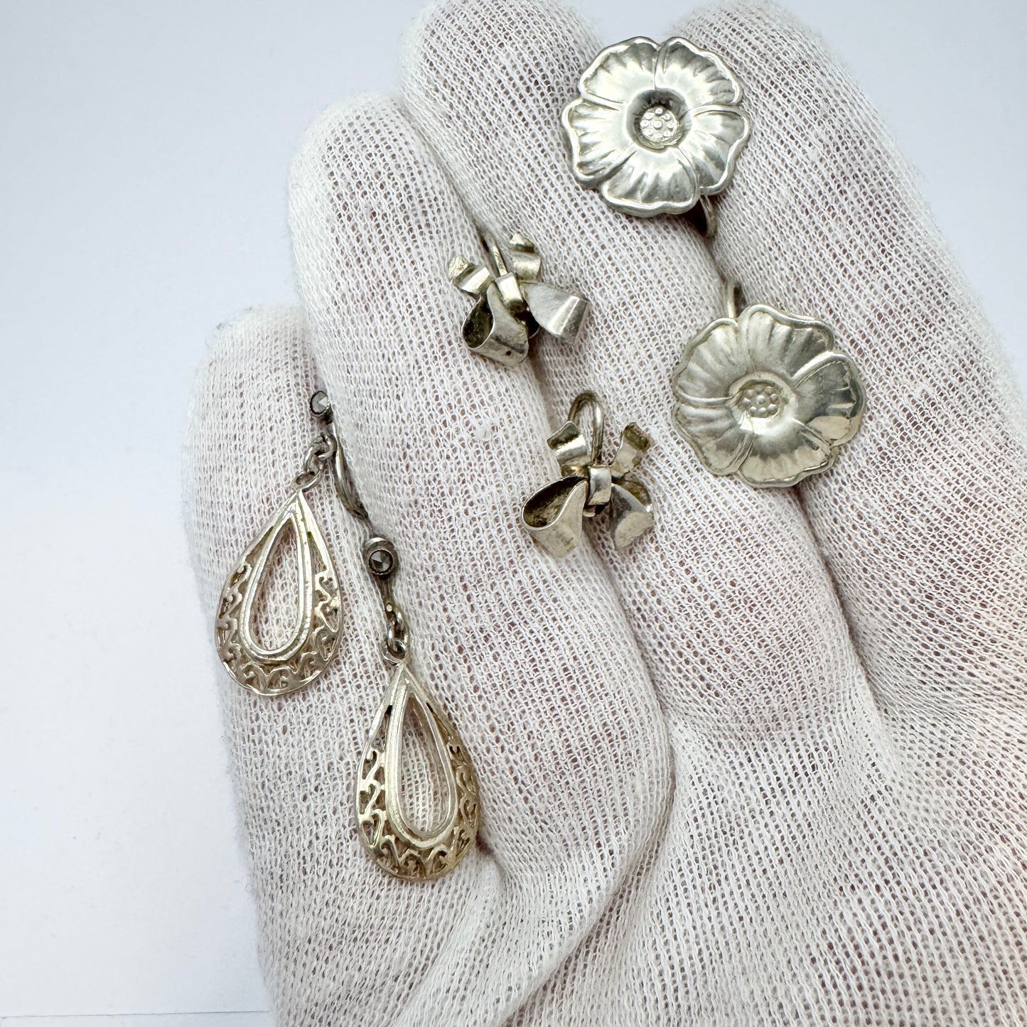 Sweden 1940s. Three Pair of Vintage Solid Silver Screw-Back Earrings.