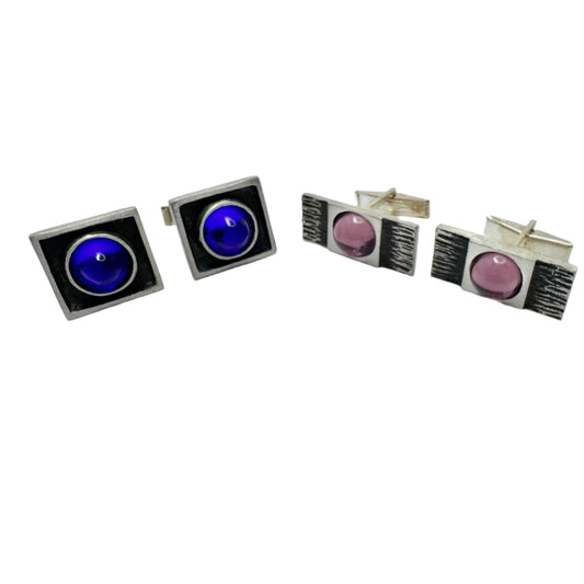 Sweden 1968. Two Vintage Pair of Pewter Paste Stone Cufflinks.