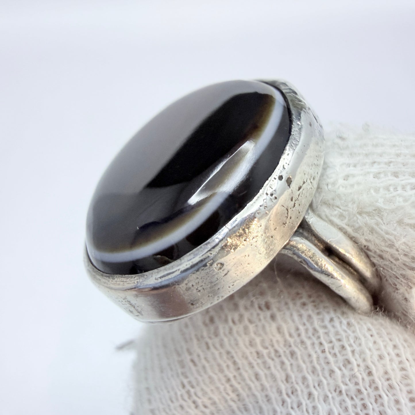 Arts & Crafts Sterling Silver Agate Pinky Ring.