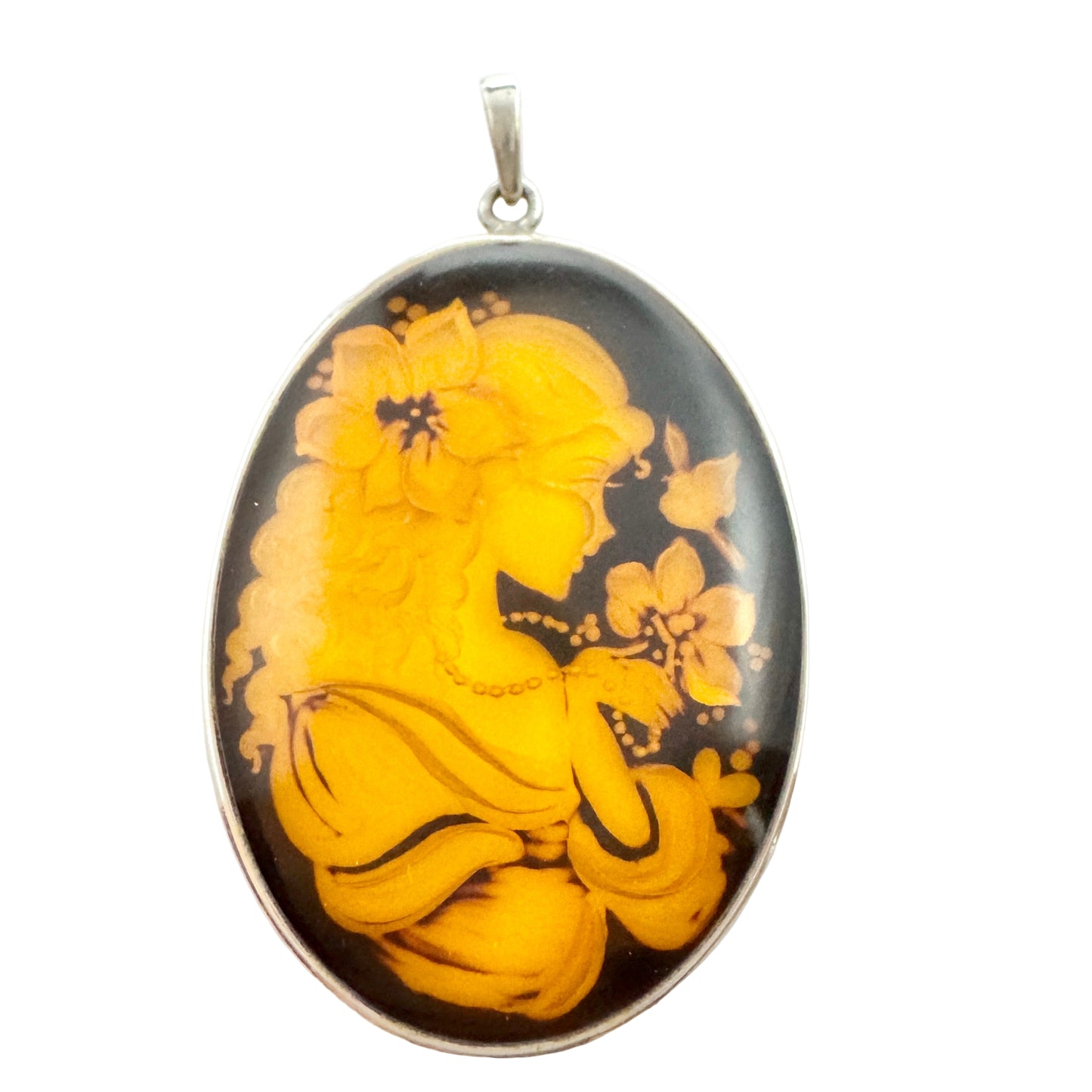 Gdansk Poland. Vintage Sterling Silver Carved Amber Intaglio Pendant