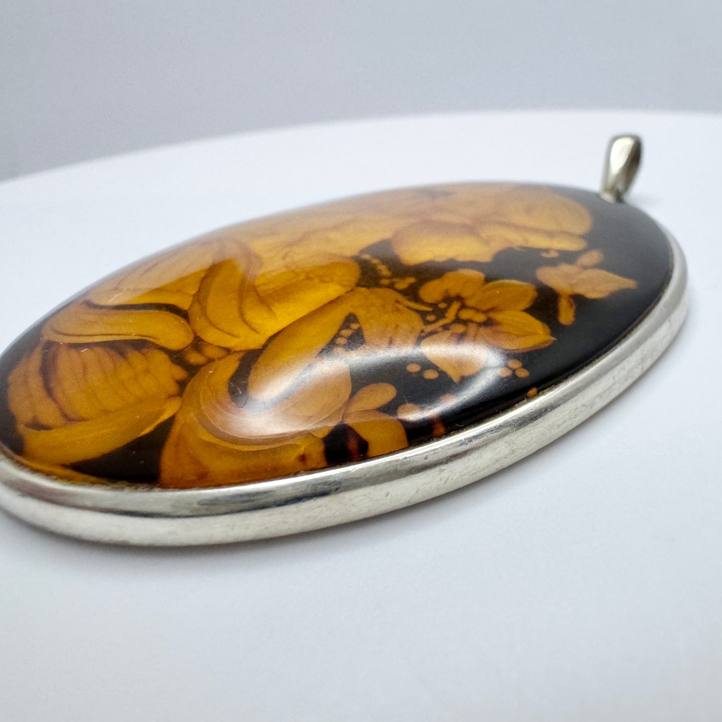 Gdansk Poland. Vintage Sterling Silver Carved Amber Intaglio Pendant