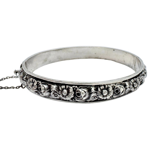 Vintage 1940s. Solid Silver Floral Hinged Bangle Bracelet. Prob Portugal