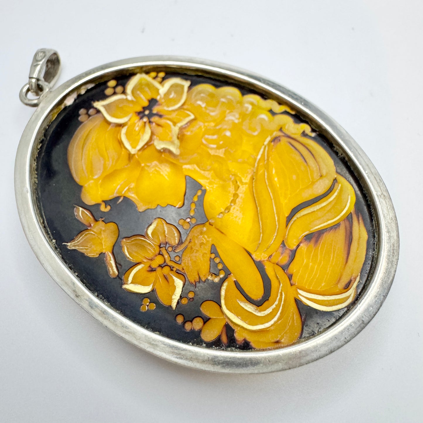 Gdansk Poland. Vintage Sterling Silver Carved Amber Intaglio Pendant