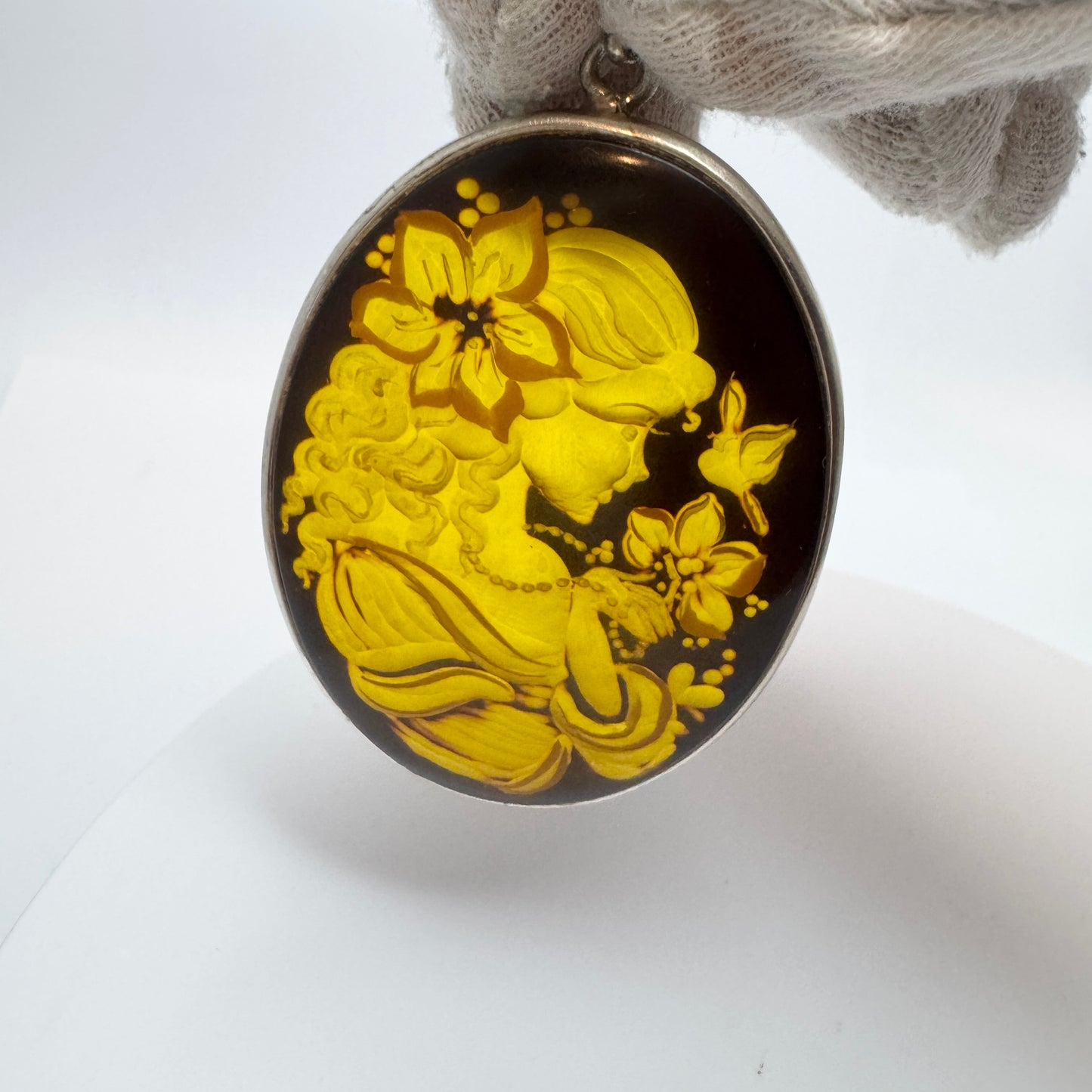 Gdansk Poland. Vintage Sterling Silver Carved Amber Intaglio Pendant