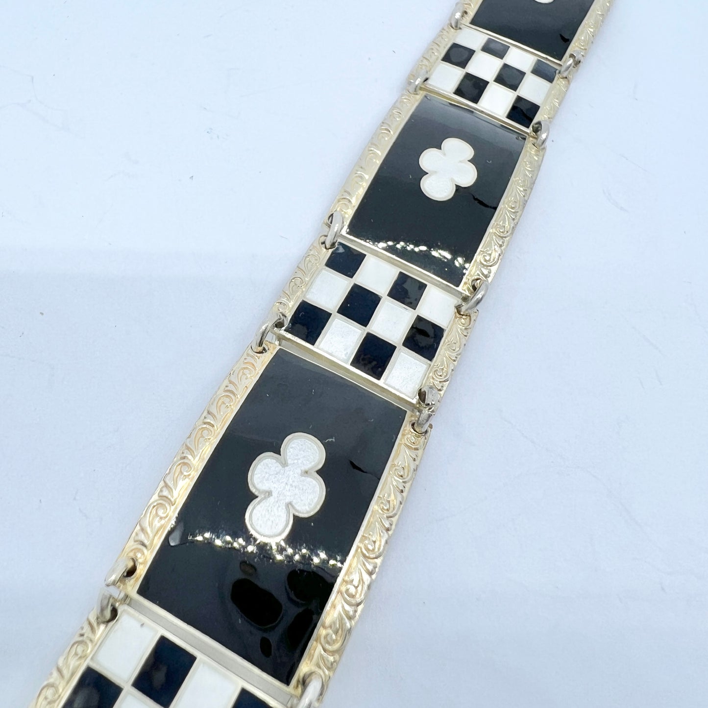 O.F Hjortdahl, Norway. Vintage Sterling Silver Black and White Enamel Bracelet.