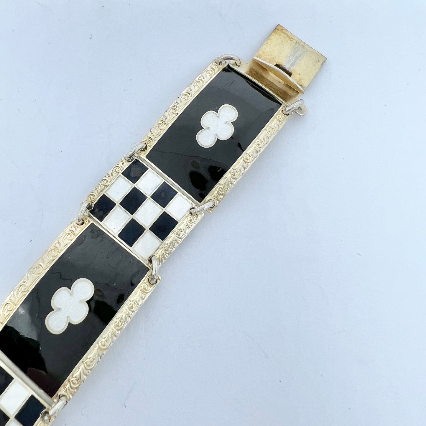 O.F Hjortdahl, Norway. Vintage Sterling Silver Black and White Enamel Bracelet.