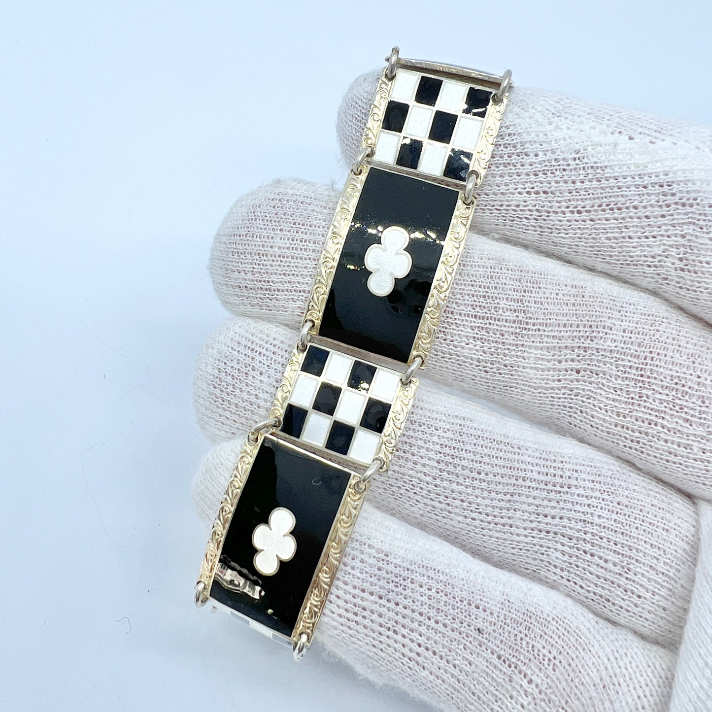 O.F Hjortdahl, Norway. Vintage Sterling Silver Black and White Enamel Bracelet.