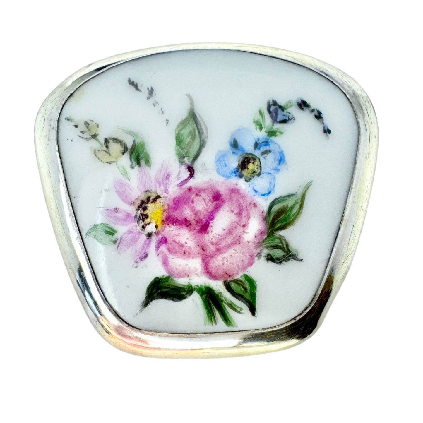 Veljekset Salonen, Finland 1957. Vintage Solid Silver Painted Porcelain Floral Brooch