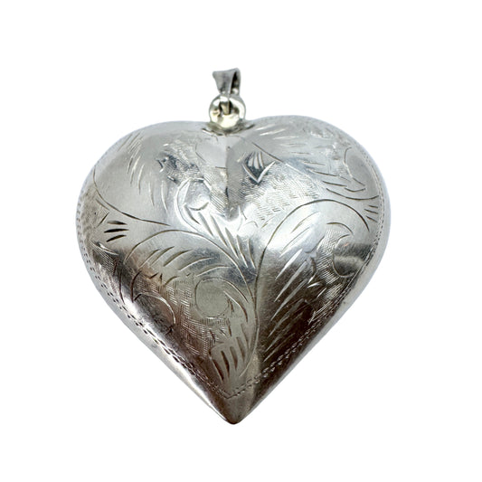 Large Vintage Sterling Silver Puffy Heart Pendant.
