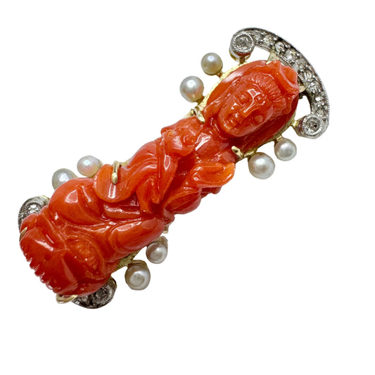 Vintage 18k Gold Carved Coral Diamond Guanyin Goddess of Mercy Brooch.
