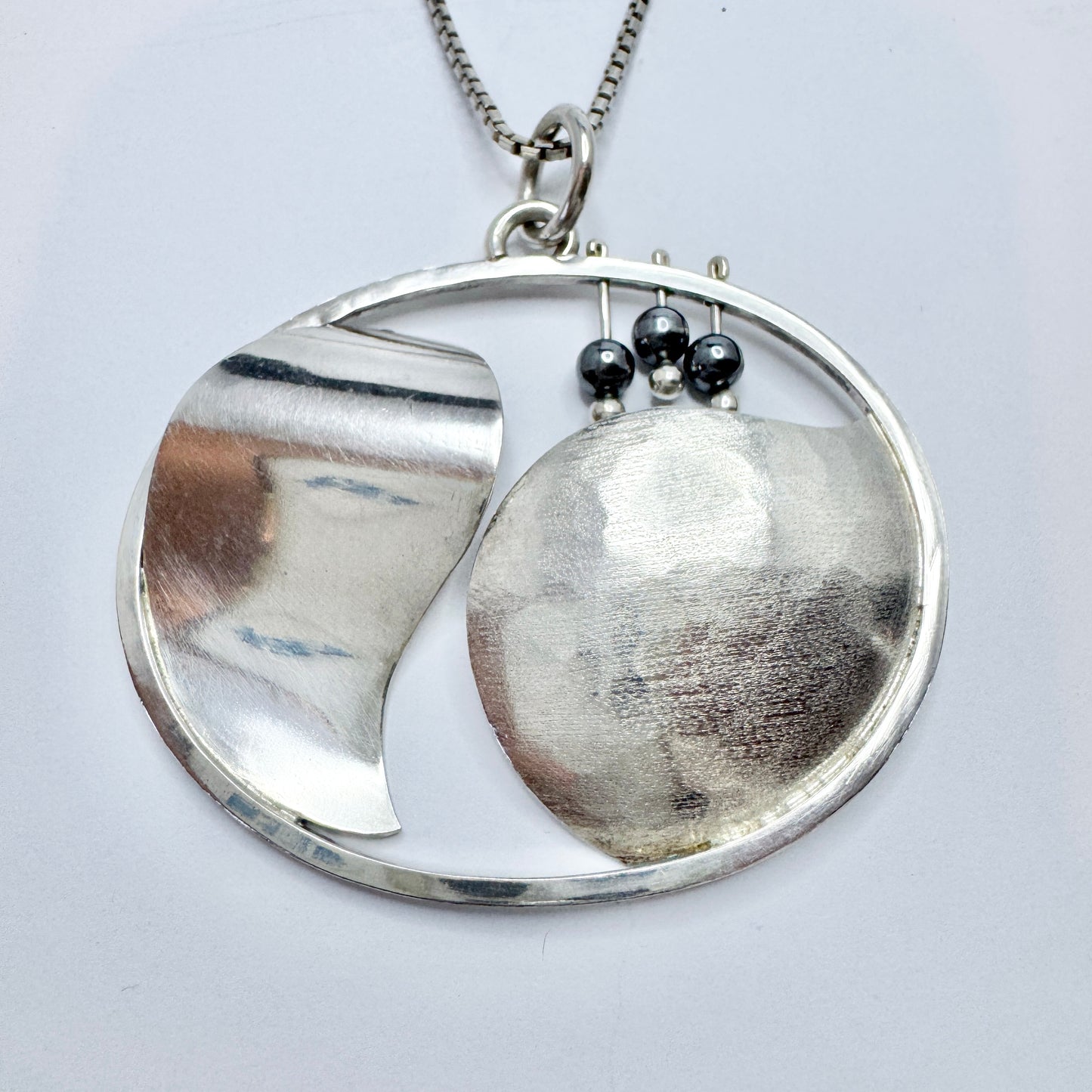 Tita Carlborg , Sweden 1975. Large Vintage Sterling Silver Hematite Pendant Necklace.