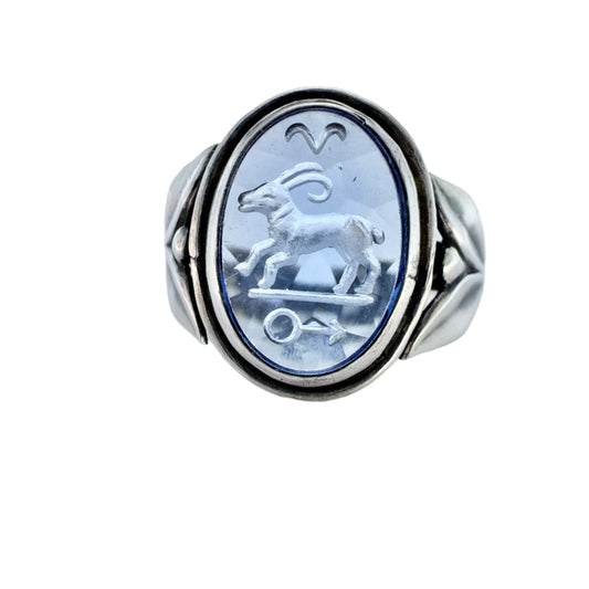 Denmark ca 1940-50s. Solid Silver Carved Paste Stone Zodiac Capricorn Signet Ring.