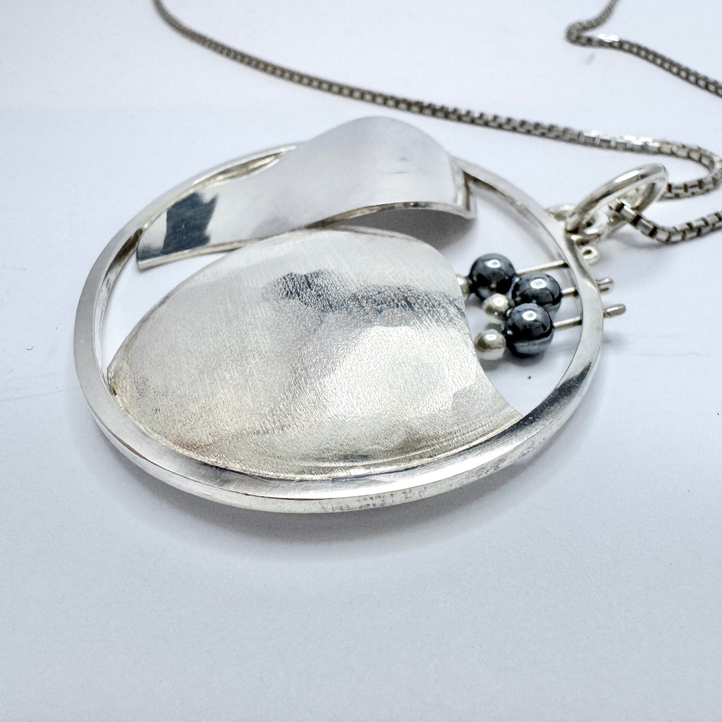 Tita Carlborg , Sweden 1975. Large Vintage Sterling Silver Hematite Pendant Necklace.