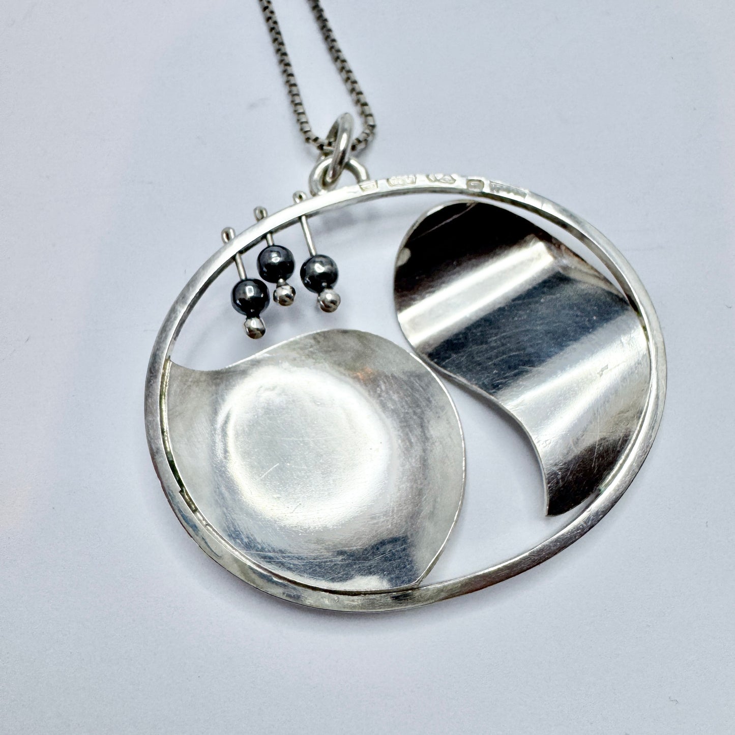 Tita Carlborg , Sweden 1975. Large Vintage Sterling Silver Hematite Pendant Necklace.