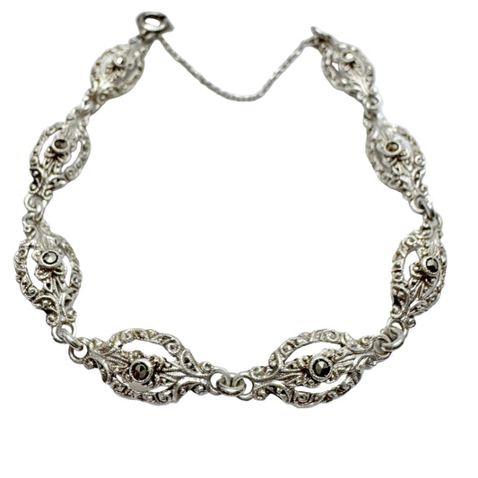 Sweden 1940s. Vintage Solid Silver Marcasite Bracelet.