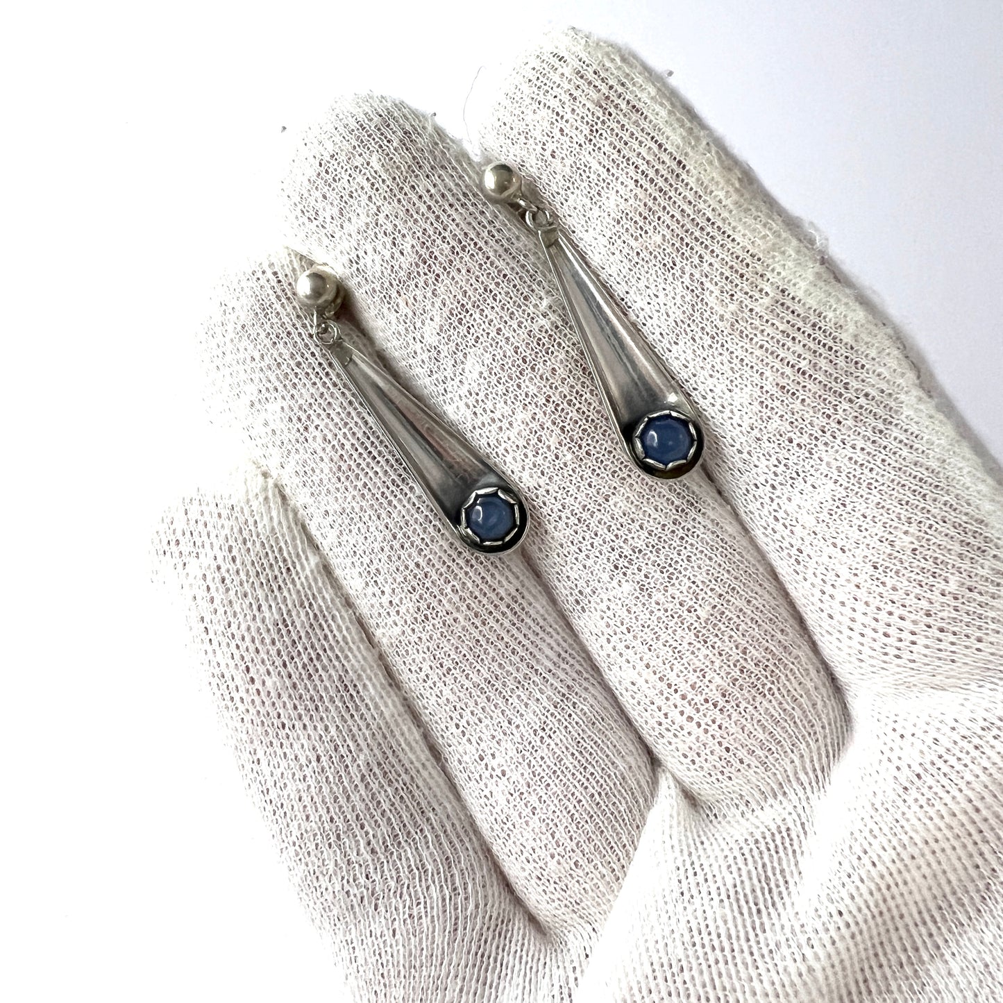 Scandinavia 1960s, Vintage Solid Silver Chalcedony Earrings.