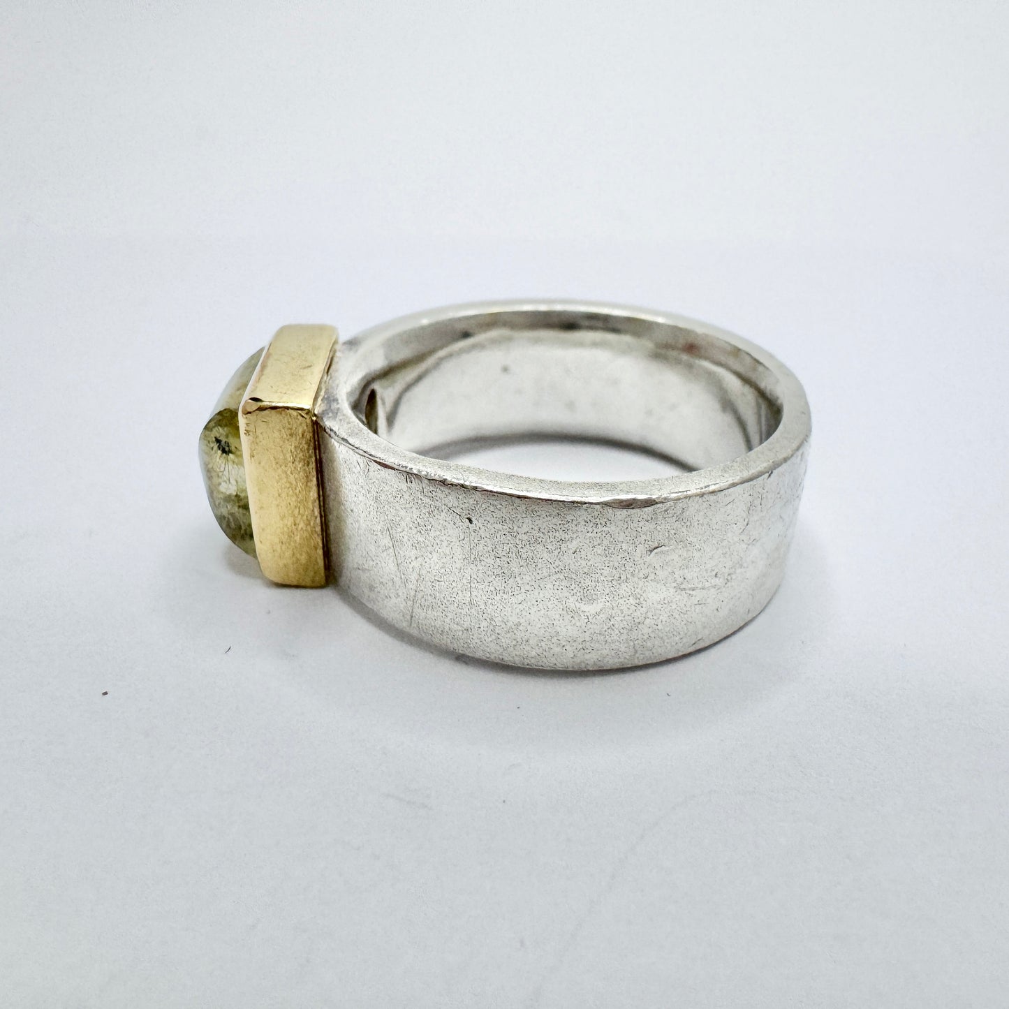 Sweden. Vintage Stering Silver 18k Gold Rutilated Quartz Ring.