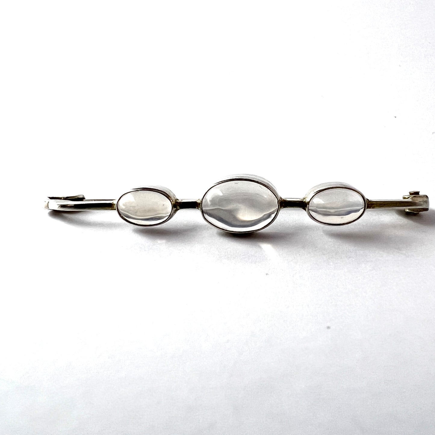 Maker HJ, Denmark c 1950s. Vintage 830 Silver Moonstone Brooch Pin.