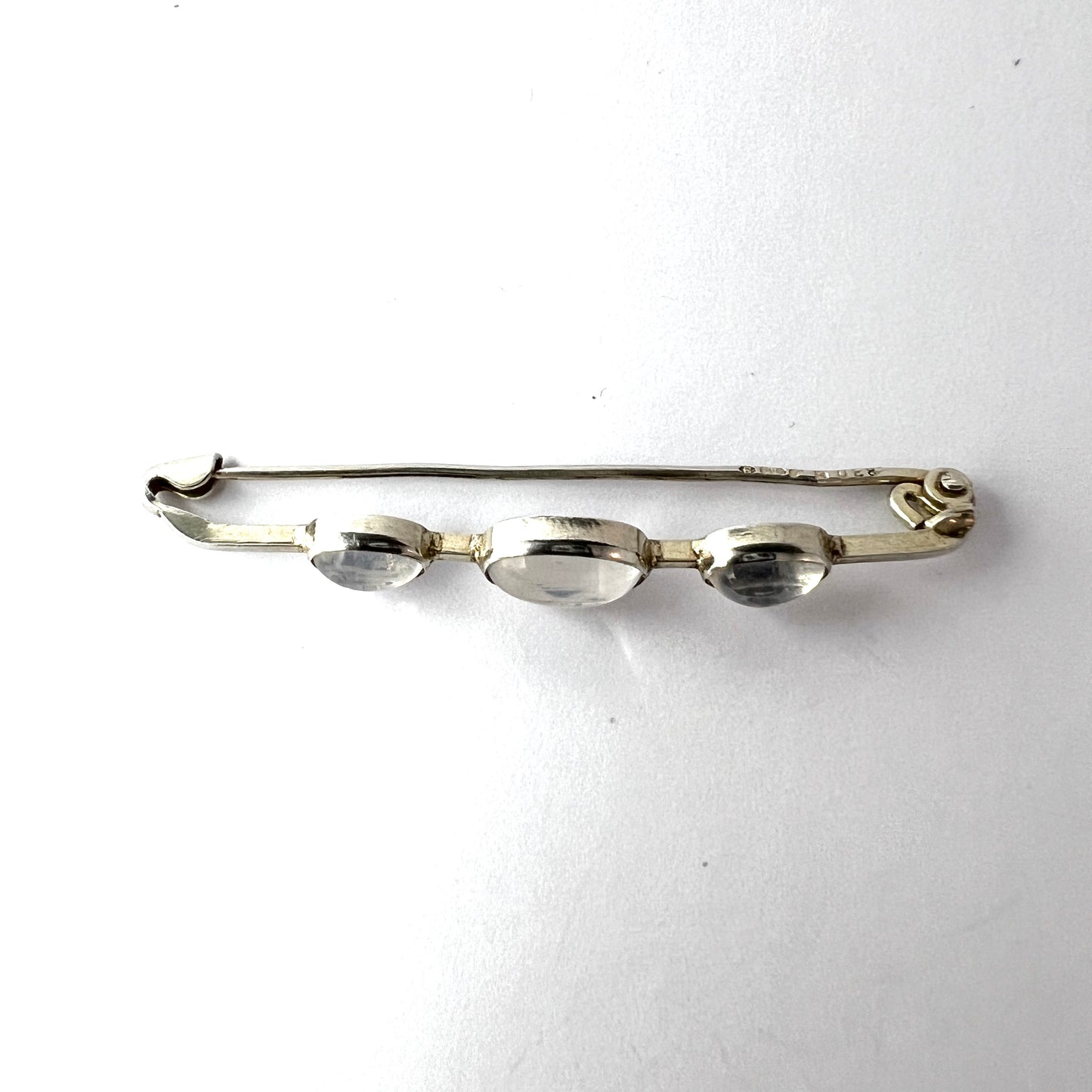 Maker HJ, Denmark c 1950s. Vintage 830 Silver Moonstone Brooch Pin.