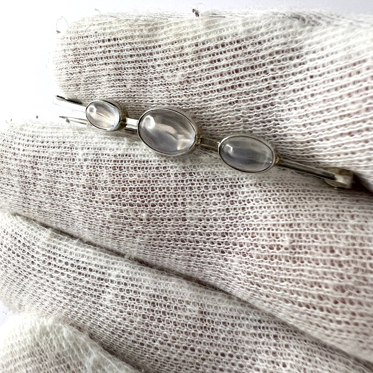 Maker HJ, Denmark c 1950s. Vintage 830 Silver Moonstone Brooch Pin.