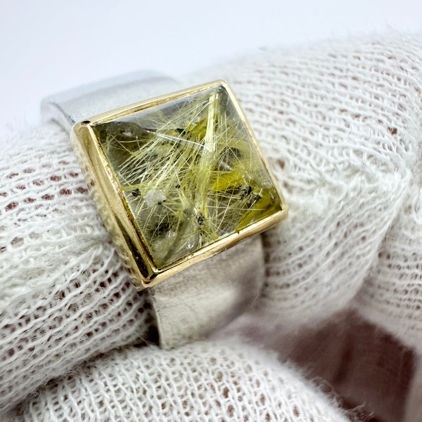 Sweden. Vintage Stering Silver 18k Gold Rutilated Quartz Ring.