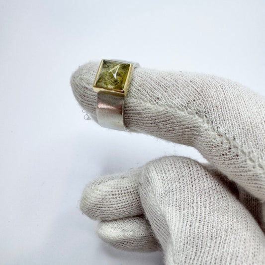 Sweden. Vintage Stering Silver 18k Gold Rutilated Quartz Ring.